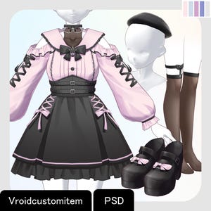 May include: A pink and black Lolita-style dress with a star-shaped bow, choker, and platform shoes. The dress features off-the-shoulder sleeves, a corset-style bodice, and a flared skirt. Accessories include a beret and thigh-high stockings.
