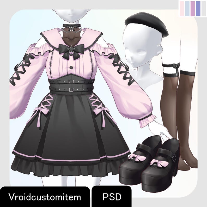 May include: A pink and black Lolita-style dress with a star-shaped bow, choker, and platform shoes. The dress features off-the-shoulder sleeves, a corset-style bodice, and a flared skirt. Accessories include a beret and thigh-high stockings.