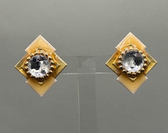 Vintage NOS 80s 90s MAM Gold White Rhinestone Clip On Stud Earrings