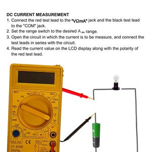 May include: A yellow digital multimeter with red and black test leads, displaying instructions for DC current measurement. The image includes a light bulb, a battery, and text that reads "MEASURING PROCEDURE" and "OPERATING INSTRUCTION".
