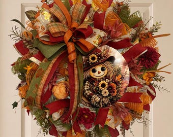 Scarecrow Fall Wreath, Burgundy Fall Decor, Autumn Mesh Wreath, Rustic Harvest Door Wreath, Floral Scarecrow Front Door Decor