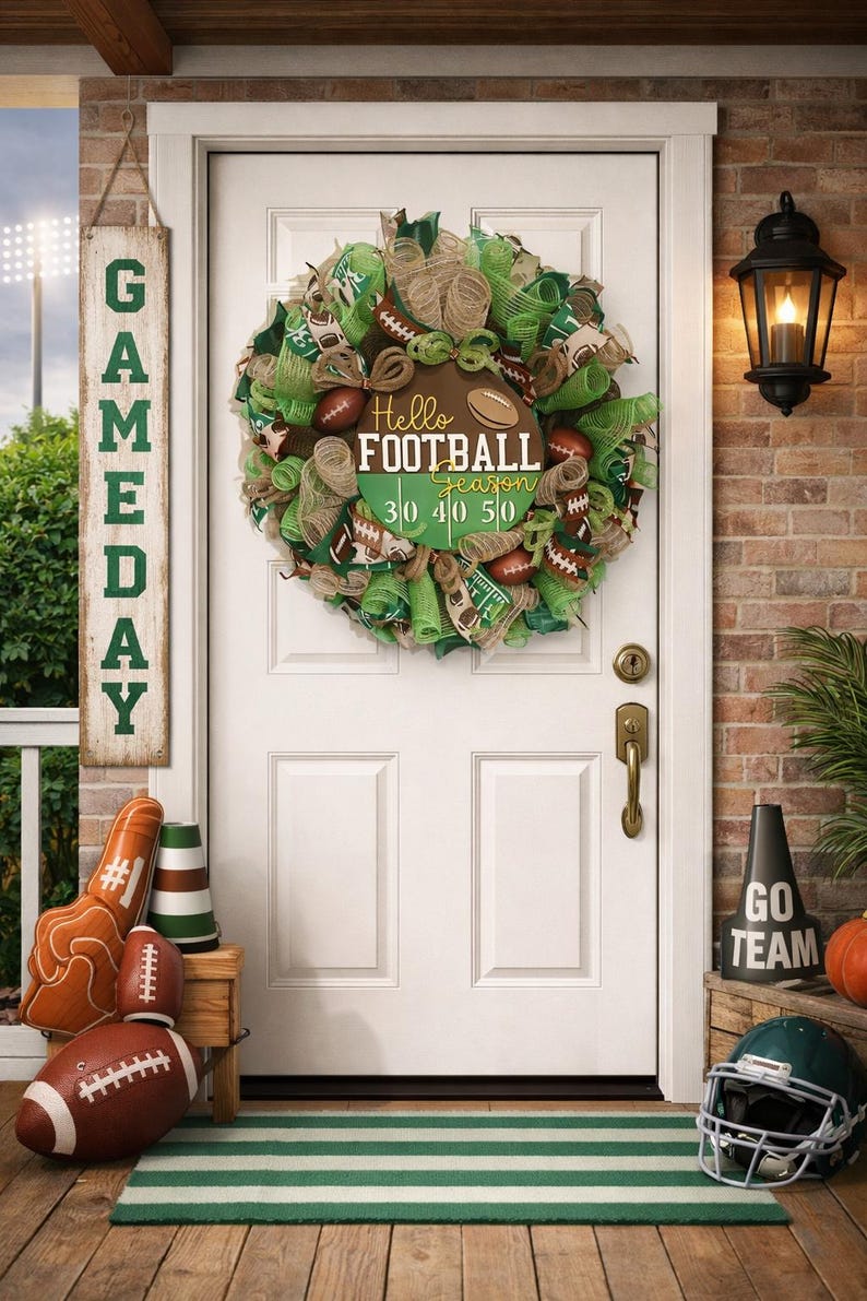 May include: A front door decorated for football season. A wreath with footballs and the text "Hello Football Season" hangs on the door. A sign that says "Gameday" hangs to the left. Other decorations include a foam finger, footballs, and a helmet.