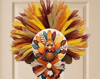 Thanksgiving Turkey Wreath, Fall Wreath Home Decor, Low Profile Wreath for Storm Door, Cute Seasonal Wreath