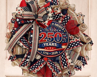 USA 250th Anniversary Wreath, Patriotic Deco Mesh Wreath, Red White Blue Door Decor, America 1776 2026 Wreath, Fourth of July Decor