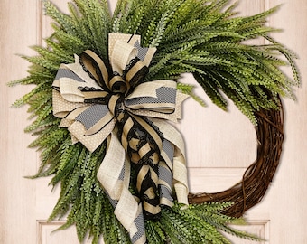 Natural Everyday Wreath ~ Beaded Saw Grass Grapevine Wreath ~ Button Sword Fern ~ Year Round Door Decor