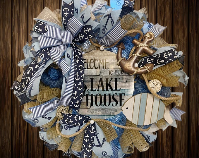 Lake House Wreath: Nautical Front Door Wreath, Anchor and Fish Decor ...