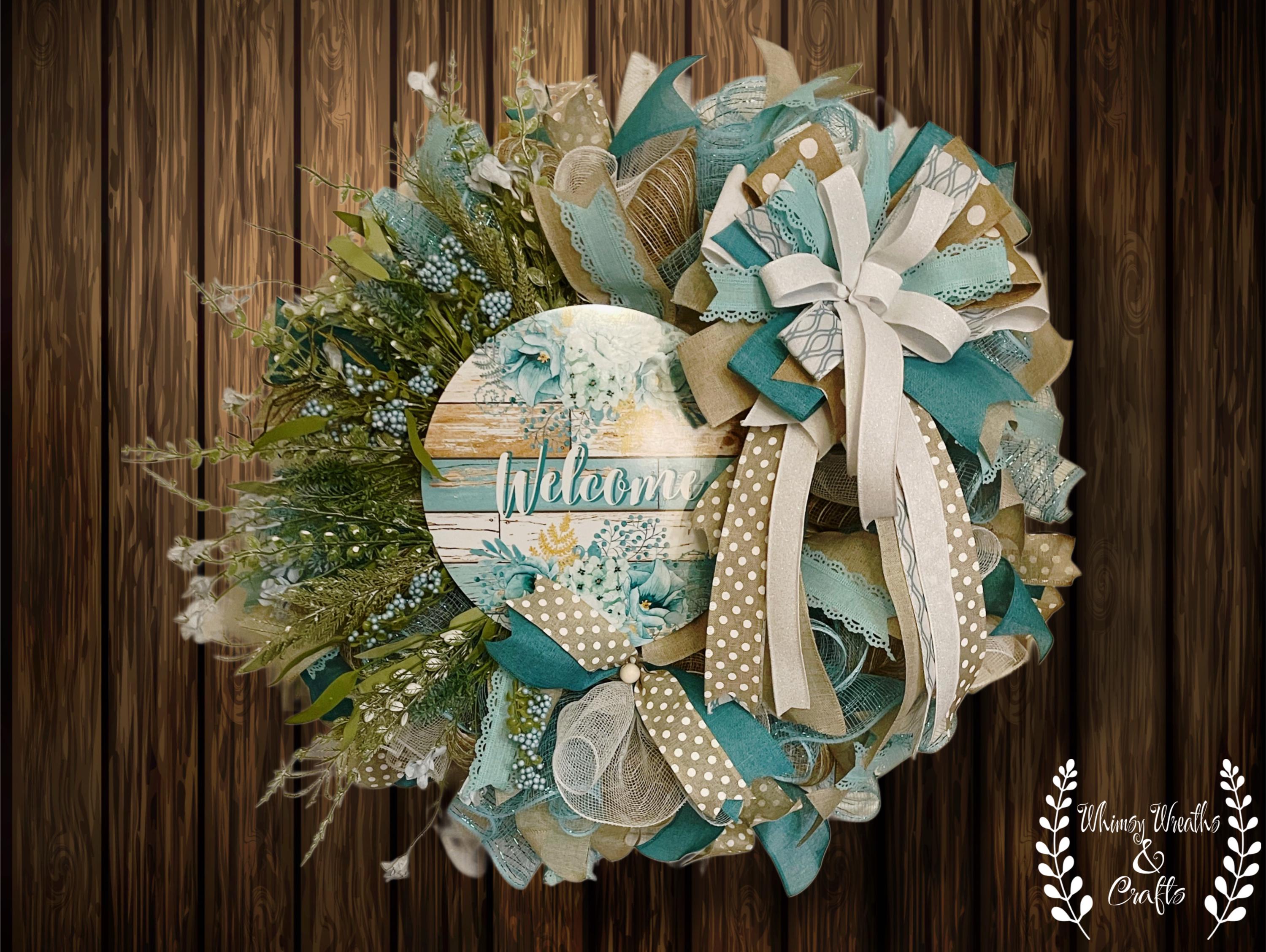 Teal Floral Welcome Wreath: Rustic Spring Door Decor
