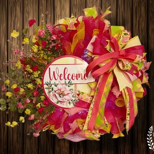 Corona de bienvenida para puerta ~ Corona de verano rosa y amarilla ~ Corona caprichosa horizontal ~ Decoración floral para puerta ~ Corona de puerta de verano