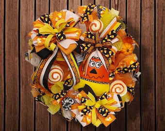 Candy Corn Halloween Wreath, Candy Corn Ribbons and Swirl Lollipops, Front Door Fall Decor, Handmade Deco Mesh Wreath
