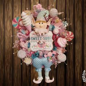 Christmas Elf Wreath ~ Santa’s Sweet Shop Door Decor ~ Holiday Sweet Treats Porch ~ XL Candyland Wreath Swag