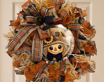 Fall Scarecrow Wreath, Autumn Front Door Wreath, Pumpkin Patch Wreath, Fall Farmhouse Decor, Orange Plaid Wreath, Harvest Door Decor