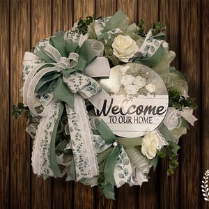 CLEARANCE Year Round Welcome Wreath ~ Eucalyptus Roses Door Decor ~ Everyday Door Wreath ~ Sage Green Front Door Wreath