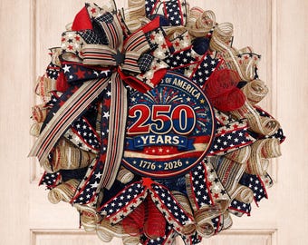 USA 250th Anniversary Wreath, Patriotic Deco Mesh Wreath, Red White Blue Door Decor, America 1776 2026 Wreath, Fourth of July Decor
