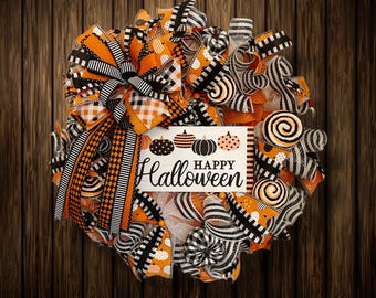 Happy Halloween Wreath: Orange Black Deco Mesh, Falloween Whimsical Pumpkin Door Decor