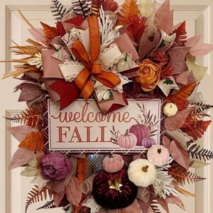 Oval Fall Wreath, Elegant Floral Fall Wreath, Autumn Front Door Decor, Pink Pumpkin Wreath, Thanksgiving Door Hanger