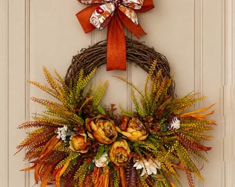 Fall Grapevine Wreath, Fall Peonies, Rustic Autumn Wreath, Front Door Fall Decor, Orange Brown Cream Floral Wreath, Harvest Wreath