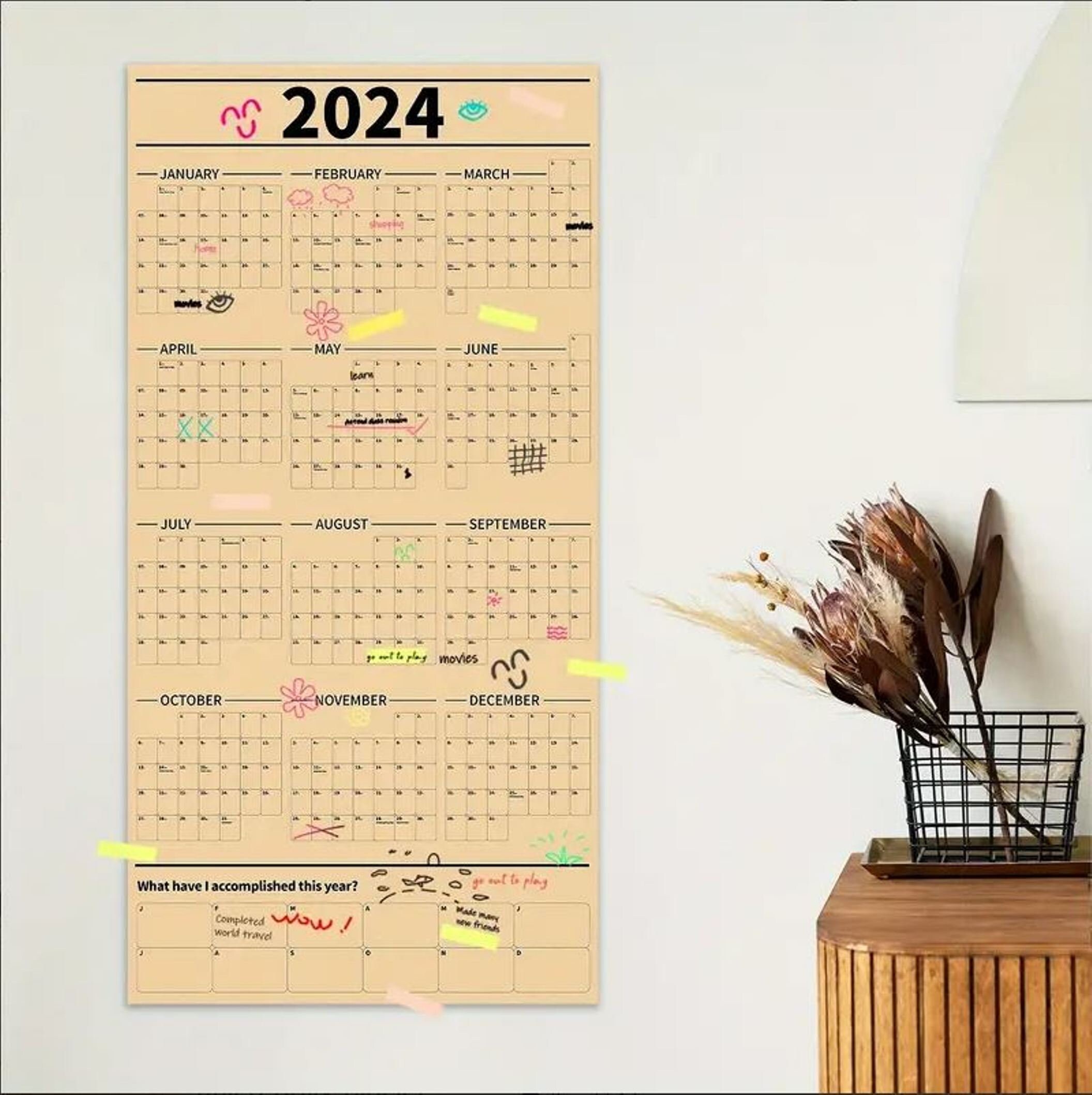 2024 YEAR AT A GLANCE Large Wall Calendar 48x24 Vellum Paper Runs Jan