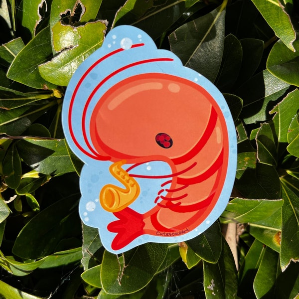 Shrimp Playing Saxophone | Vinyl Glossy Sticker | Kawaii Cute Shrimp Laptop Sticker