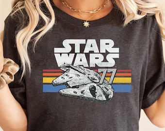 Vintage jaren '90 Star Wars Millennium Falcon 77 Shirt, Disney Retro Lines Logo Shirt, Galaxy'S Edge Unisex Tee, Star Wars Gift, WDW Magic Kingdom