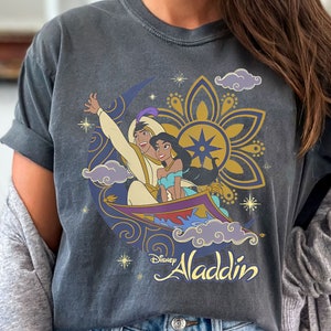 Funny Disney Aladdin Retro Shirt, Cute Jasmine & Aladdin Flying Carpet Floral T-shirt, Wdw Magic Kingdom Tee, Disneyland Matching Trip