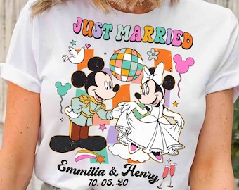 Spersonalizowana koszulka Mickey Minnie Bride And Groom Just Married, słodka koszulka ślubna Disney, mąż i żona, pasujące koszulki dla par Disney
