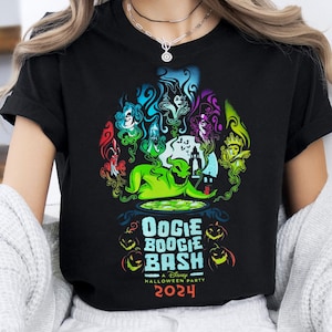May include: Black t-shirt featuring a colourful graphic of Disney villains and Oogie Boogie from "The Nightmare Before Christmas." The text reads "Oogie Boogie Bash - A Disney Halloween Party 2024."