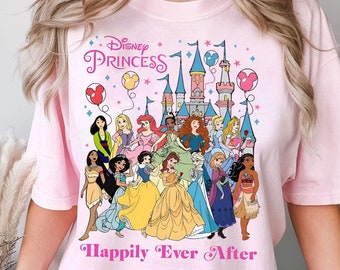Camiseta retro de personajes de princesas de Disney, Camiseta con globos de Mickey felices para siempre, Camiseta Disney Castle Ariel Belle Elsa Tiana, Magic Kingdom
