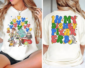 Retro 2-sidig T-shirt med Disney-motiv och Pixar-eran, Toy Story, Bilar, Monster Inc. Musse Pigg-ballonger, Magic Kingdom-t-shirt, matchande Disneyland-resa