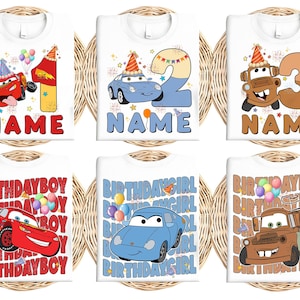 かわいい両面ディズニー/ピクサー カーズ バースデーシャツ、マックイーン メーター グイド Tシャツ、バースデー スクワッド クルー ボーイ ガール、ディズニー バースデー ファミリー マッチング