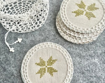 Set of 4 Hand Embroidered Lefkara Lace Cup Coasters, Traditional Cypriot Lefkaritika Embroidery