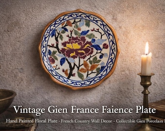 Plato de loza vintage de Gien, Francia – Plato floral pintado a mano – Decoración de pared de estilo campestre francés – Plato de porcelana Gien de colección
