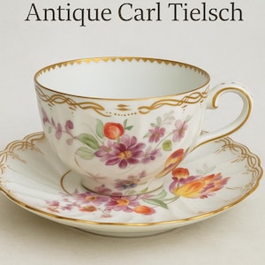 Antique Carl Tielsch Porcelain Cup & Saucer – Hand-Painted Floral – Gilded – ca. 1900