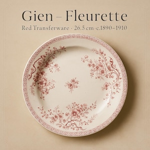 Gien “Fleurette” Red Transferware Dinner Plate, 26.5 cm, c.1890–1910 – Antique French Faience