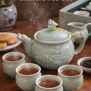 Op de afbeelding: Een lichtgroene Chinese theeset, met een theepot met een drakenvormige tuit en deksel, en bijpassende kopjes. Een kleine roomkannetje en een bord met koekjes zijn ook aanwezig. De tekst "Chinese Tea Set" is zichtbaar.