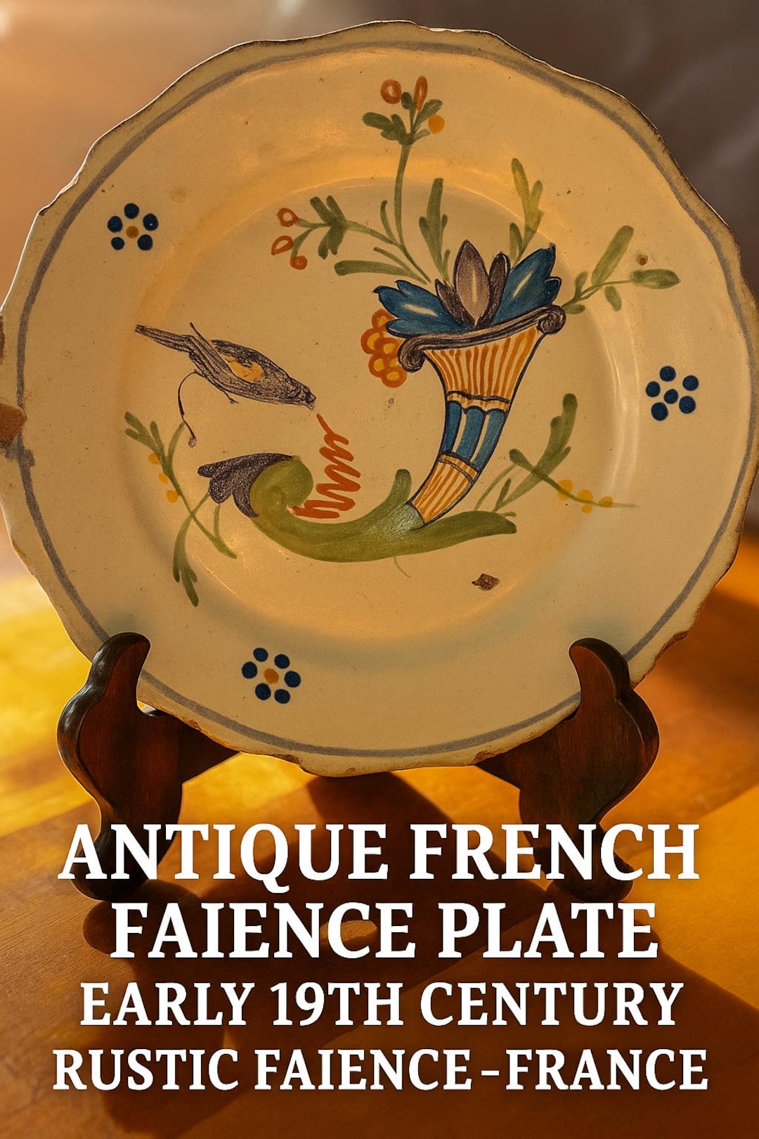 Antique French Faience Plate – Hand-painted Bird & Cornucopia – 22