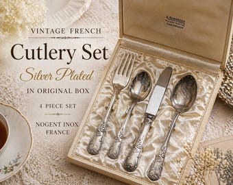 Vintage French Silver Plated Cutlery Set in Box – Nogent Inox Knife – 4 Piece Gift Set – Rococo Style Flatware – Baptism Wedding Gift