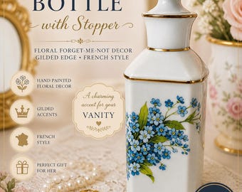 Flacone di profumo vintage in porcellana con tappo, decorato con fiori di nontiscordardimé, flacone da toilette in stile francese, bordo dorato, piccolo flacone decorativo.