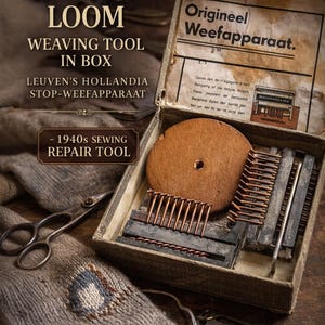 Vintage Darning Loom Weaving Tool in Box – Leuven’s Hollandia Stop Weefapparaat – Sewing Repair Device – Textile Tool 1940s