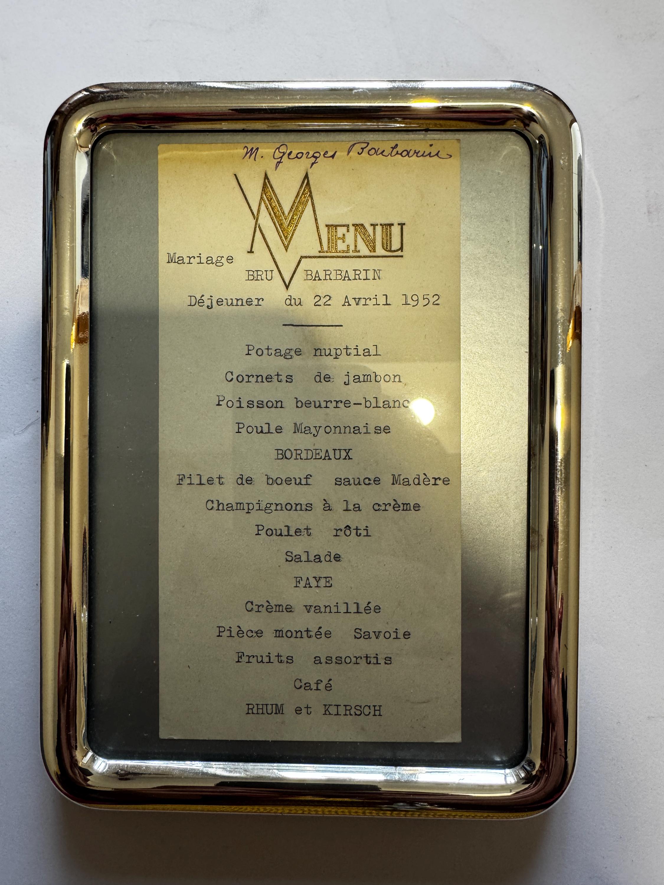 Antique French Wedding Menu 1952 Framed, Mid Century French