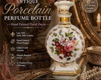 Frasco de perfume antiguo de porcelana – Decoración floral pintada a mano con detalles dorados – Estilo tocador francés – Siglo XIX