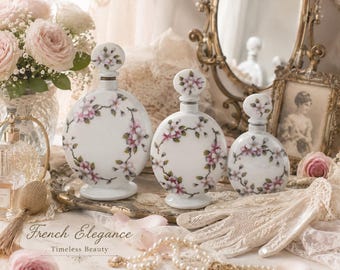 Vintage French Porcelain Perfume Bottles Set – Floral Vanity Bottles – Romantic Boudoir Decor – Champs Élysées Paris
