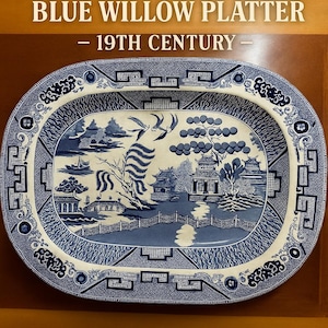 Large Antique Staffordshire Blue Willow Platter – 19th Century English Transferware – 45×35 cm – Opaque China – Willow Pattern Dish