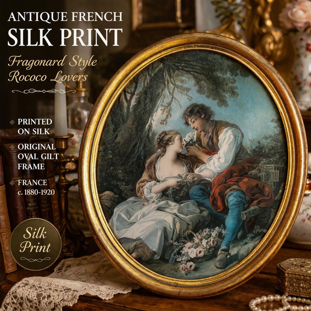 Tableaux Rococo Antique French Silk Print Romantic Lovers Fragonard Style, Oval Gilt ...