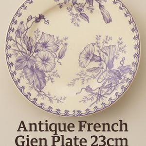 Antique French Gien Plate 23cm – &quot;Juillet&quot; Terre de Fer, Purple Morning Glory Floral, ca. 1890-1930