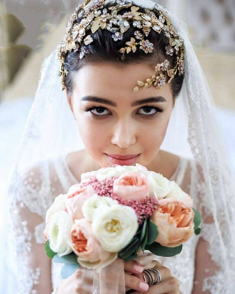 Crystal Bridal Hair Accessories Gold, Flower Overall Headpiece for