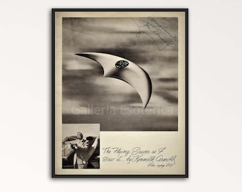 Kenneth Arnold UFO Sighting 1947, Signed Printable Vintage Photo Drawing Flying Saucer UFO UAP, Sighting Aliens Roswell Area 51, Mt Rainier