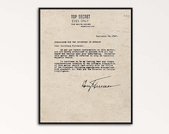 Truman Forrestal Memo, Top Secret UFO Document; Poster Majestic12, 1947, Retro Style Aged Poster Print, UFO Vintage Wall Decor Letter; UAP