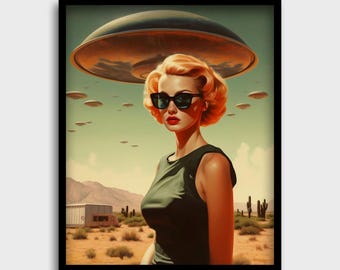 Retro 50's Woman With UFOs, Sci-Fi Fifties Girl Poster Print, Vintage Look 50s UFO Aliens Desert Theme Poster, Pinup Girl Sunglasses, Ovni