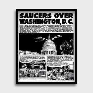 Dischi volanti sopra Washington DC, UFO a forma di disco, Washington DC 1952, Stampa a fumetti d'epoca di un UFO reale su Washington DC