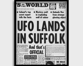 OVNI aterriza en Suffolk, incidente de OVNI en el bosque de Redlesham, Inglaterra, titular de póster impreso en periódico vintage, década de 1980, platillo volador extraterrestre